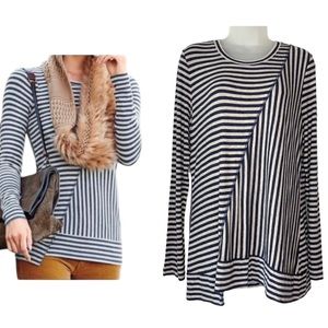 CAbi Sz M Ernest 3228 Oatmeal Blue Striped Asymmetrical Hem Long Sleeve Tee‎ Top